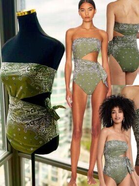 🆕 ZIMMERMANN 🧿 NWOT Paisley Scarf Sculpt Bandeau Swimsuit - Sz 3 - US 8, Green